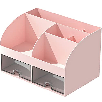 COMFYROOM Desk Organizer with 6 Compartments and 2 Drawers, Plastic Makeup Organizer, Pen Holder for Desktop Storage, Desk Organization for School, Home, Office Supplies (Pink)