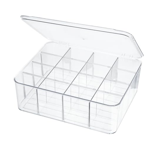 ZEXALOR Socks Underwear Drawer Organzier Dividers, 16 Compartment Removable Divided Plastic Storage Bin with Lid, Storage Organizer for Scarves Ties Bras, Clear Dresser Drawer Organizers