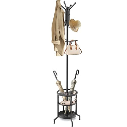 Coat Rack Freestanding, Coat Stand with Umbrella Holder, Metal Coat Tree with 12 Hooks, Coat Hanger Stand for Entryway, Coat Rack Stand for Bedroom, Living Room & Office