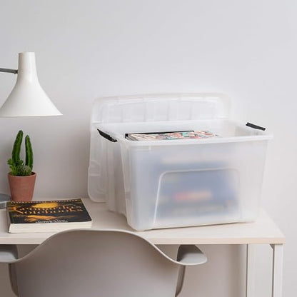 IRIS USA 6-Pack 40 Quart Storage Bins with Lids, Pearl | Conceals contents for a clean look. Perfect for moving, blankets, clothing, and garage storage. Nestable design saves space