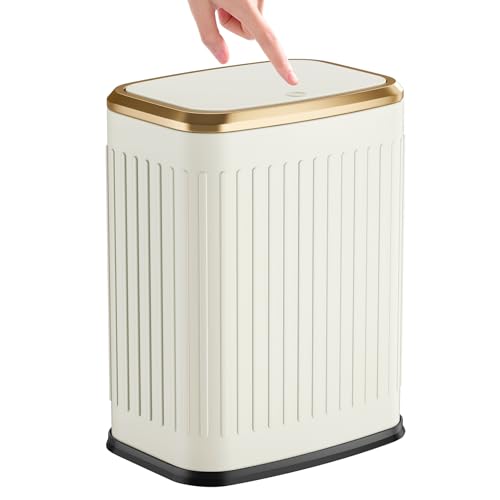 TIPGO Bathroom Trash Can with Lid, 2.1 Gallon / 8 Liter Small Garbage Can, Press Top Bin, Stainless Steel Wastebasket with Pop-Up Lid for Bedroom, Living Room, Office (Cream)