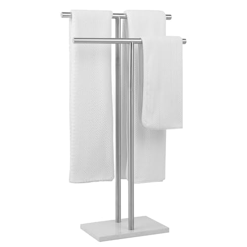 Free Standing Towel Rack for Bathroom - Brushed Nickel Finish - Stand Alone 2 Tier Stainless Steel Towel Rack for Bathroom Floor with Heavy Marble Base, Double T Shape Drying Stand for Towels