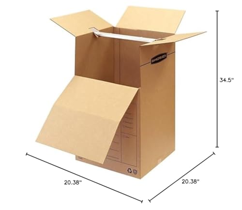 ‎Bankers Box 3-Pack Short Wardrobe Moving Boxes, 20" x 20" x 40" | Move hanging clothes from closet to truck with wardrobe boxes that reduce folding, wrinkles, and repacking.