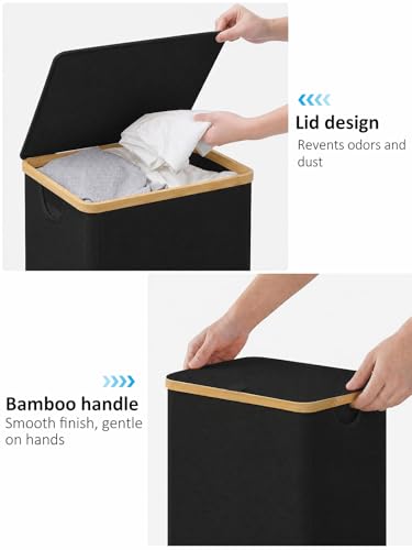 IEGrow Laundry Hamper with Lid, 110L Laundry Basket with Bag,Black | Dirty Clothes Hamper Basket with Bamboo Handle for Clothes Towels Organization
