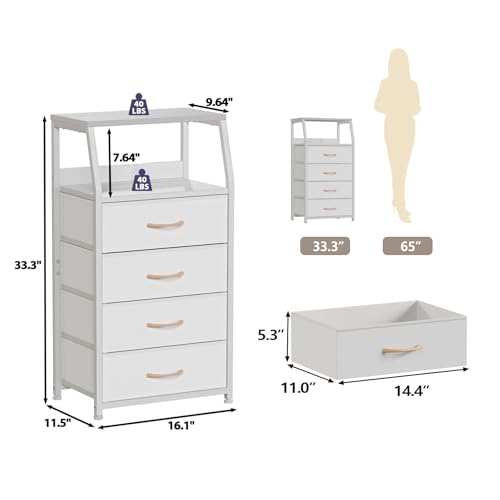 Tall Nightstand with 4 Fabric Drawers, Small Dresser for Bedroom | White Dorm Bedside Table , Dresser for Closet, Storage Drawer for Living Room, Entryway, Furniture, Metal Frame, Wood Top