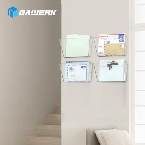Gawerk Single Pocke Wall Mount File Holder Organizer (Clear, 2 Pack) | Acrylic Hanging Wall Organizer, Plastic Wall Mount Mails Magazines Organizer for Office and Home