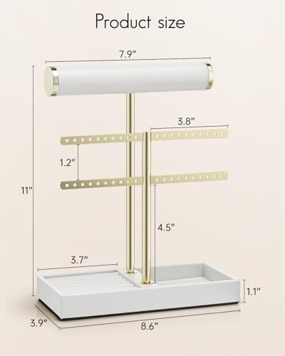 VLANDO 2 Tier Necklace Holder Organizer with Tray, Leather Bracelet Holder Display for Women, Gold Jewelry Holder Stand for Bracelet, Necklace, Earrings, Rings - White