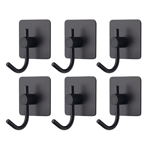 VAEHOLD 6 Pack Adhesive Wall Hooks, Heavy Duty Sticky Holder Aluminum Towel Hooks for Hanging Coat, Hat, Key, Clothes, Closet Hook Wall Mount for Kitchen, Bathroom, Office (Black)