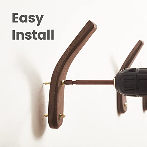 Wood Hooks Wall Mounted Minimalist Natural Real Walnut (2 Pack) | Easy Install, Hanging Towel Hat Coat Bag Cap Clothes Robe, Bathroom, Entryway, Mid Century Modern, Rustic, Boho, Decor