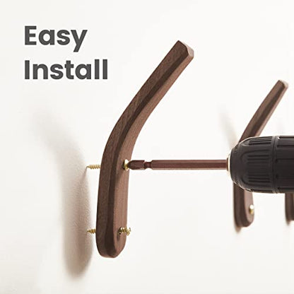 Wood Hooks Wall Mounted Minimalist Natural Real Walnut (2 Pack) | Easy Install, Hanging Towel Hat Coat Bag Cap Clothes Robe, Bathroom, Entryway, Mid Century Modern, Rustic, Boho, Decor