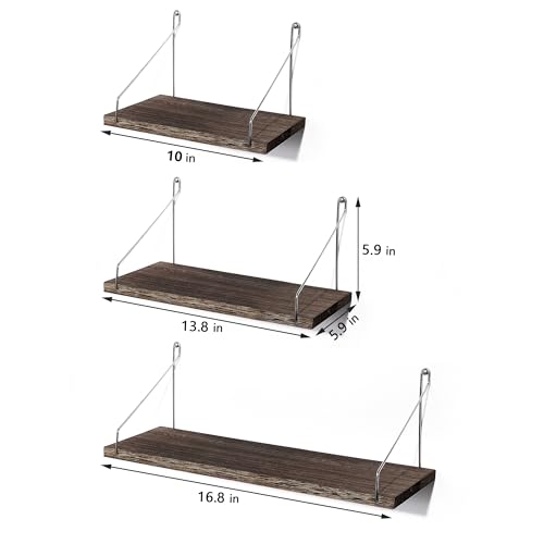 Floating Wall Shelves, Rustic Wood Wall Mounted Shelf Set of 3 | No Drill Adhesive Renter Friendly Floating Shelf, Display Rack for Plants Decor Bedroom Bathroom Kitchen