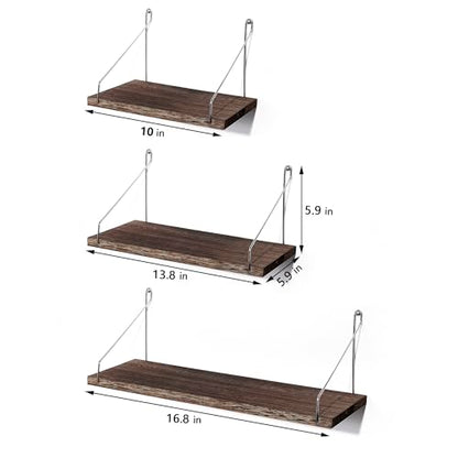 Floating Wall Shelves, Rustic Wood Wall Mounted Shelf Set of 3 | No Drill Adhesive Renter Friendly Floating Shelf, Display Rack for Plants Decor Bedroom Bathroom Kitchen