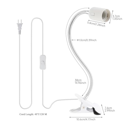 RTNLIT E26/E27 Clip Desk Lamp Holder, Clamp Lamp Fixture with On/Off Switch | Flexible Gooseneck Light Bulb Socket for Reptiles, Aquarium, Desk, Grow Light, 4.1Ft Cable