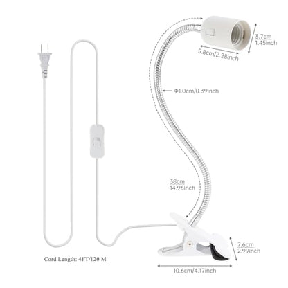 RTNLIT E26/E27 Clip Desk Lamp Holder, Clamp Lamp Fixture with On/Off Switch | Flexible Gooseneck Light Bulb Socket for Reptiles, Aquarium, Desk, Grow Light, 4.1Ft Cable