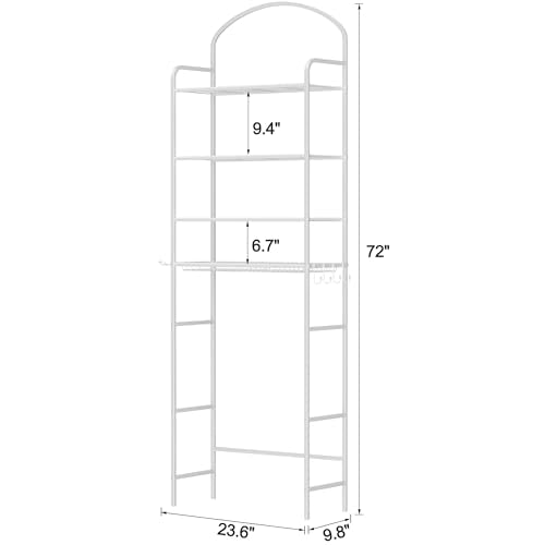 4-Tier Over The Toilet Storage, Bathroom Organizer | Space-Saving, 72"H Above Toilet Storage Rack with 4 Hooks and Paper Holder, Metal Shelf, White