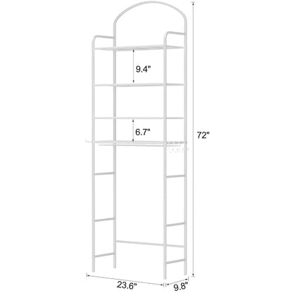 4-Tier Over The Toilet Storage, Bathroom Organizer | Space-Saving, 72"H Above Toilet Storage Rack with 4 Hooks and Paper Holder, Metal Shelf, White