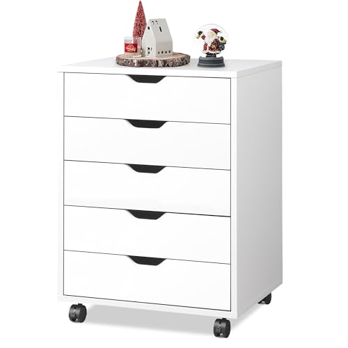 DEVAISE 5-Drawer Filing Cabinet Under Desk, Storage file Cabinet, White | Wood Drawer Unit, Craft Storage Cabinet, Office Rolling Cart, Printer Stand