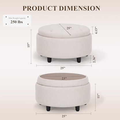 COLAMY Fabric Round Storage Ottoman with Reversible Tray Lid – Multi-Functional Footrest, Hidden Storage, Sturdy & Stylish Small Coffee Table for Living Room, Bedroom, or Entryway(Beige)