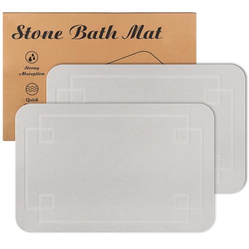 Stone Bath Mat, Super Absorbent Diatomaceous Earth Shower Mat, Non-Slip Fast-Drying Bathroom Floor Mats, 23.6'' × 15.4", Greyish White, 2 Pack