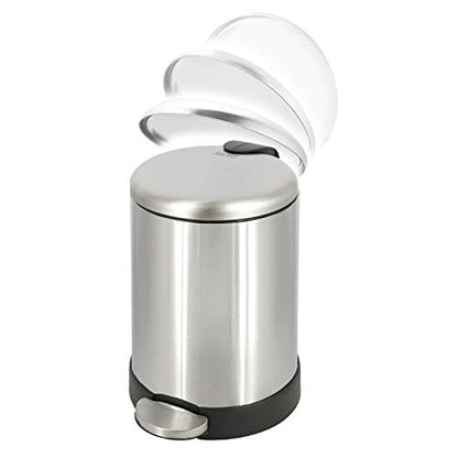 Glad Small Trash Can, 1.2 Gallon | Round Stainless Steel Garbage Bin with Soft Close Lid & Step Foot Pedal | Metal Waste Basket with Removable Inner Bucket, Stainless, 8 x 9.5 x 12 inches