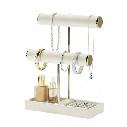 Necklace Holder,Bracelet Display,Jewelry Organizer Stand with Earrings Rings Tray,Jewelry Holder for Scrunchie Watches (Beige, 2 Tier)