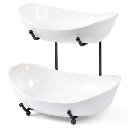 HBlife Fruit Bowl for Kitchen Counter - 2 Tier Ceramic Fruit Rack, Fruit Basket for Fresh Fruit&Veggies, Tiered Fruit Platter Serving Trays for Party