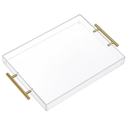 12"x16" Clear Acrylic Serving Tray with Golden Handles, Sturdy Huge Capacity Acrylic Tray for Coffee, Juice, Kitchen and Desk Organizer, Storage Tray (12"x16")