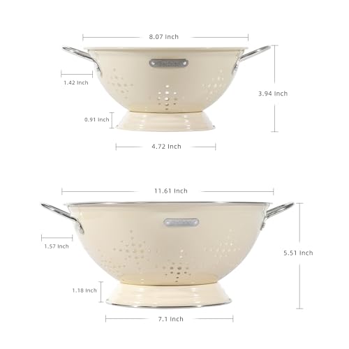 Metal Colander 2 Pack, Strainer Bowel with Handles 2Qt & 6Qt Powder Coated Solid Ring Base Heavey Duty Kitchen Drainer Basket for Pasta Veggies and Fruits,New Home Apartment Essentials (Almond Cream)