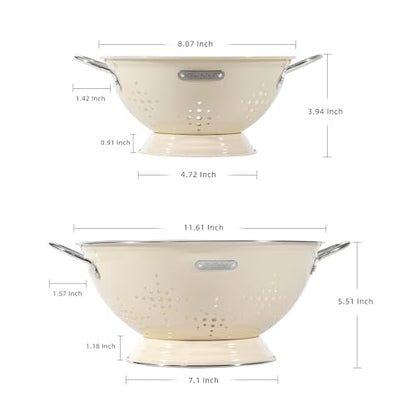 Metal Colander 2 Pack, Strainer Bowel with Handles 2Qt & 6Qt Powder Coated Solid Ring Base Heavey Duty Kitchen Drainer Basket for Pasta Veggies and Fruits,New Home Apartment Essentials (Almond Cream)