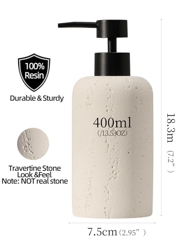2 PCS Hand Soap Dispenser Set, 13.53 OZ, Cream, Faux Travertine | Luxurious,Dish Soap,Lotion,Shampoo and Conditioner Dispenser,Refillable,Rustproof Pump,For Bathroom Countertop Kitchen