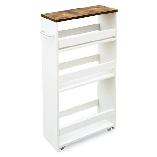 Slim Rolling Storage Cart, Wood 4-Tier Narrow Kitc... (White | Wood)