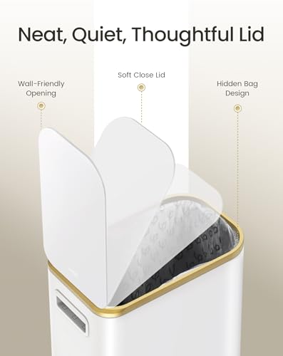 Cesun Small Bathroom Trash Can with Gold Grimmed Lid & Pedal, 1.3Gal, White | Soft Close Lid, Removable Inner Bucket, Slim Stainless Steel Waste Basket for Home Office, Included 5 Trash Bags, Hidden Bags
