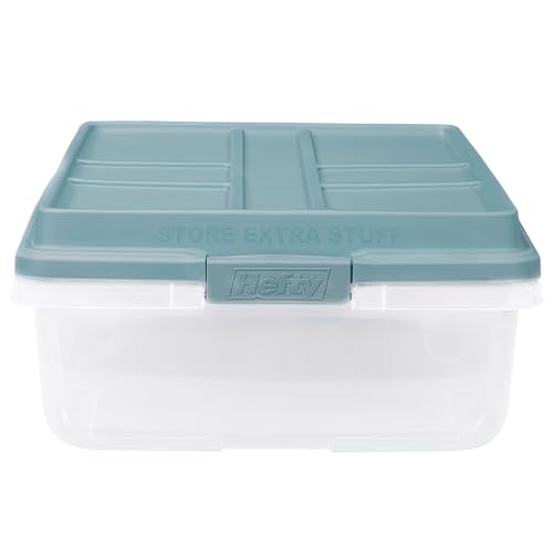 Hefty 40 Quart Hi-Rise Storage Bin with Lid, Stackable Plastic Container Tote for Home, Office, and Classroom Organization, 6 Pack, Smoke Blue