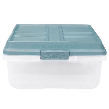Hefty 40 Quart Hi-Rise Storage Bin with Lid, Stackable Plastic Container Tote for Home, Office, and Classroom Organization, 6 Pack, Smoke Blue
