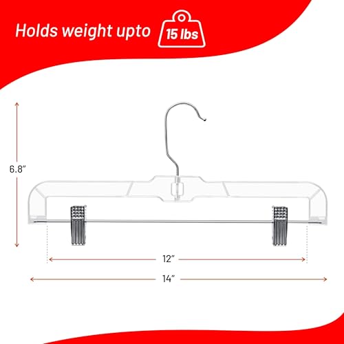 DEILSY™ Pants Hangers with Clips 12 Pack Skirt Hangers Clear Plastic | Hangers with clips and 360° swivel hook, pants hangers rubber-padded clips, ideal for jeans, trousers, skirts and shorts