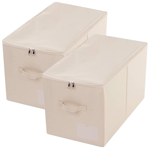 2pcs Zip Lidded Wardrobe Blankets Organizer Storag... (2 Count | Beige | Polyester Blend)