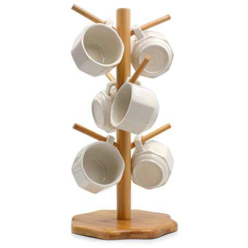 Bamboo Countertop Mug Tree Stand with 6 Hooks, Oct... (Beige | Bamboo)