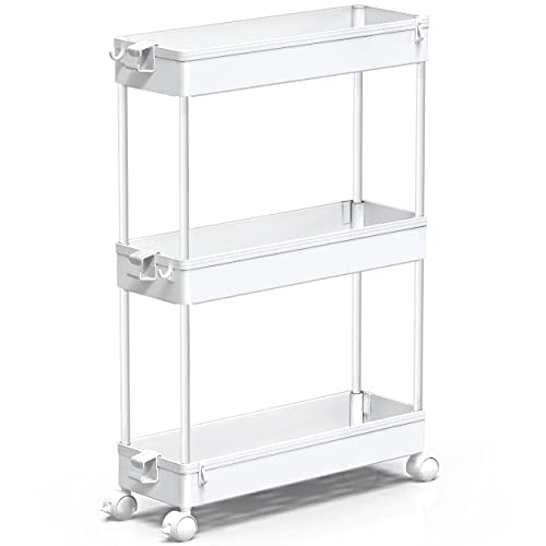 Slim Rolling Storage Cart, 3 Tier Bathroom Cart Or... (White | Plastic)