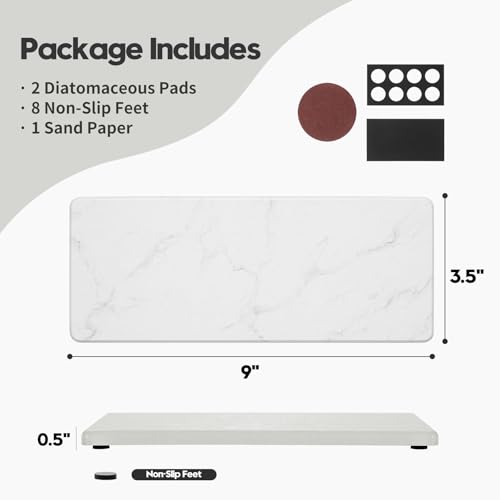 2PCS Water Absorbing Stone Drying Tray for Kitchen Counter & Bathroom Sink, Diatomite Faucet Splash Guard, Soap Dispenser Rack & Sponge Holder Caddy Organizer, Marble White (Printed Pattern), 9"x 3.5"