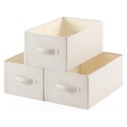Linen Folding Storage Bins, 3 Pack Large Storage Baskets, Washable, Clothing Storage Bins with Handle, Closet Organizer for Storage Sweater,Sheets(Beige, 18½"x11 x8½)