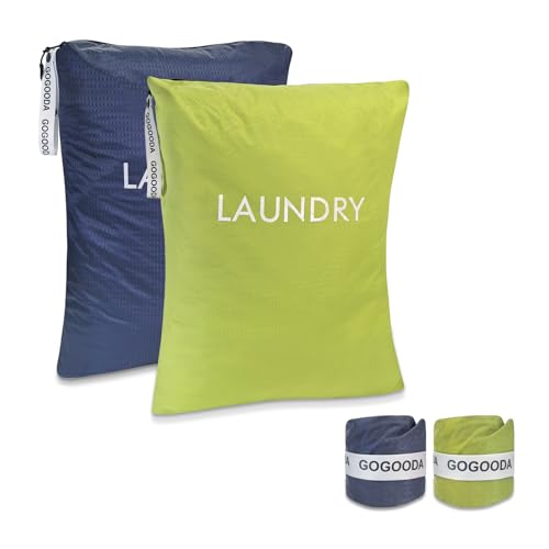 GOGOODA Travel Laundry Bags Reusable Dirty Clothes Bag with Handle | Lightweight Packable & Splash-Resistant Foldable & Space-Saving for Suitcase, Gym, Beach & Business Trips(Navy Blue & Green)