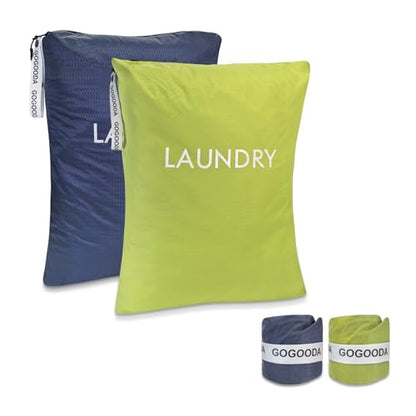 GOGOODA Travel Laundry Bags Reusable Dirty Clothes Bag with Handle | Lightweight Packable & Splash-Resistant Foldable & Space-Saving for Suitcase, Gym, Beach & Business Trips(Navy Blue & Green)