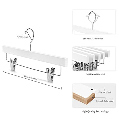 Nature Smile Deluxe Wooden Pants Hangers Solid Wood Bottom Jeans Hanger Skirt Hanger with 2-Adjustable Clips Pack of 20 (White) | Solid Wood Bottom, Jeans Hanger, Skirt Hanger, 2-Adjustable Clips