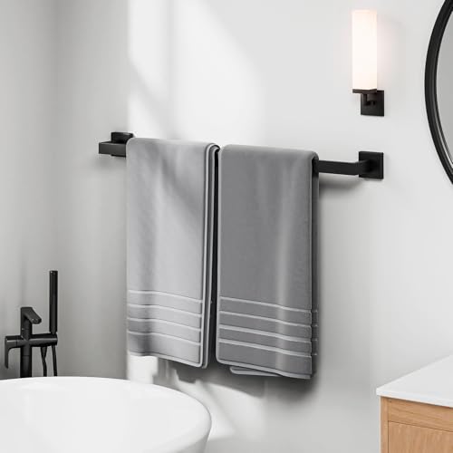 24 Inch Matte Black Towel Bar, Square Base, Total Length 26-Inch | Thicken Towel Rack for Bathroom Wall, SUS304 Stainless Steel Towel Rod, Modern Home Decor