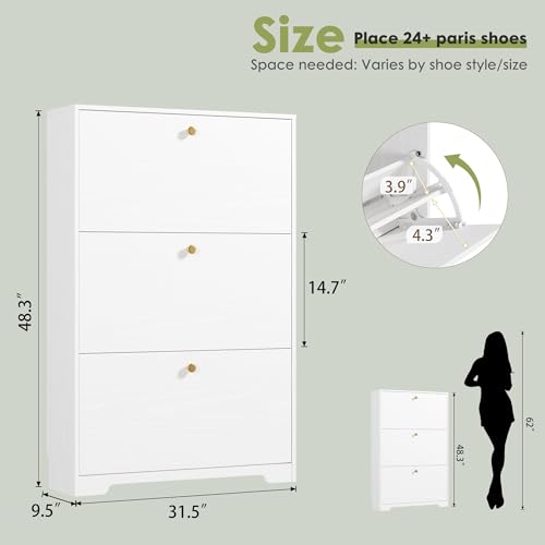 Shoe Cabinet with 3 Flip Drawers, Narrow Shoe Organizer Cabinet, Freestanding Shoe Rack Cabinet, Modern Shoe Storage Cabinet for Entryway, Hallway, Foyer, White