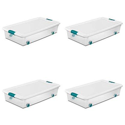 Sterilite 4-Pack 56 Quart Wheeled Latching Box, Underbed Clear Plastic Storage Organizer - Under Bed Rolling Container Bin with Lid and Wheels for Home or Dorm Bedrooms and Closets