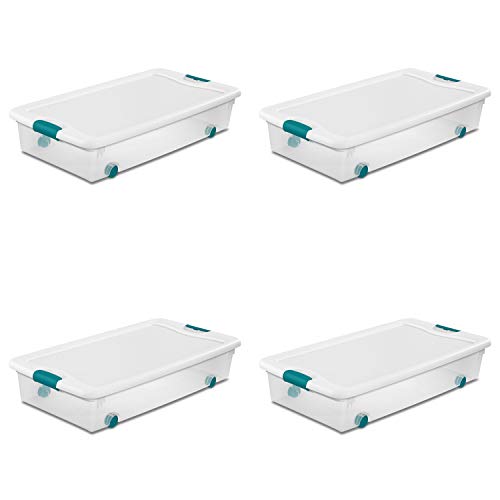 Sterilite 4-Pack 56 Quart Wheeled Latching Box, Underbed Clear Plastic Storage Organizer - Under Bed Rolling Container Bin with Lid and Wheels for Home or Dorm Bedrooms and Closets