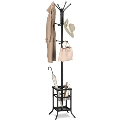 Yoobure Coat Rack Freestanding - Coat Tree with Umbrella Holder, Metal Coat Rack Stand with 12 Hooks, Modern Coat Hanger Stand for Entryway, Purse Rack Hat Rack Stand for Living Room Bedroom Office