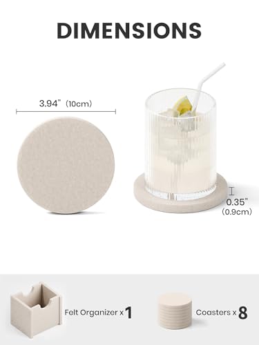 Fluxynara Felt Coasters with Holder, Set of 8 for Drinks, Oatmeal | Round Felt Coasters, Absorbent, Heat-Resistant & Reusable for Drinks, Ideal for Coffee Tables and Living Rooms, 3.94 Inch