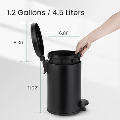 Cesun Small Round Bathroom Trash Can with Lid Soft Close, 1.2 Gal, Black | Removable Inner Bucket, Stainless Steel Garbage Can for Bedroom/Office, Hands-Free Step Pedal, Fingerprint-Resistant